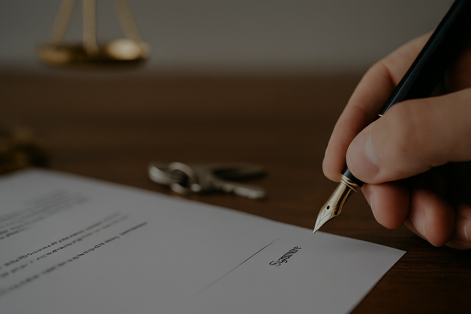 Close-up of a person signing a legal document with a fountain pen